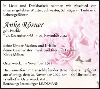 Traueranzeige von Anke Rösner (geb. Päschke)  von Magdeburger Volksstimme