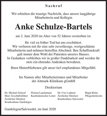Traueranzeige von Anke Schulze-Bartels  von Magdeburger Volksstimme