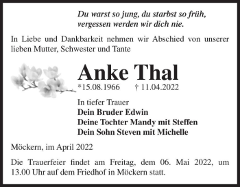Traueranzeige von Anke Thal  von Magdeburger Volksstimme