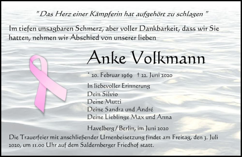  Traueranzeige für Anke Volkmann  vom 27.06.2020 aus Magdeburger Volksstimme