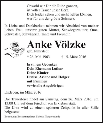 Traueranzeige von Anke Völzke (geb. Nahrstedt)  von Magdeburger Volksstimme