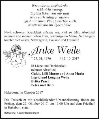 Traueranzeige von Anke Weile  von Magdeburger Volksstimme