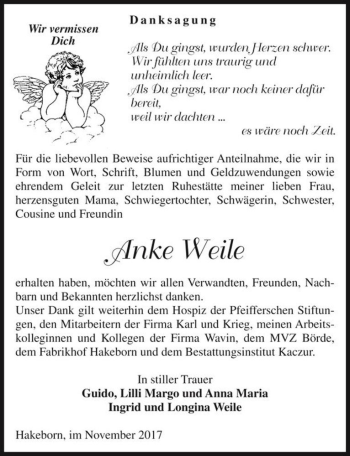 Traueranzeige von Anke Weile  von Magdeburger Volksstimme