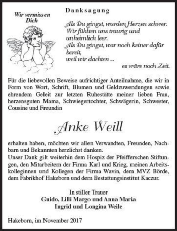 Traueranzeige von Anke Weill  von Magdeburger Volksstimme