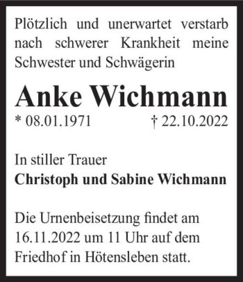 Traueranzeige von Anke Wichmann  von Magdeburger Volksstimme
