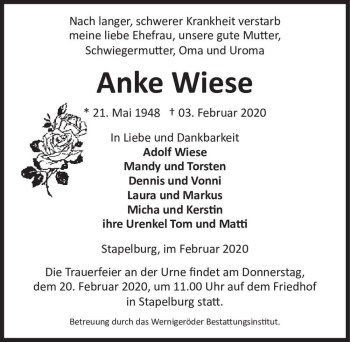 Traueranzeige von Anke Wiese  von Magdeburger Volksstimme