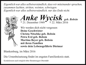 Traueranzeige von Anke Wycisk (geb. Bobsin)  von Magdeburger Volksstimme