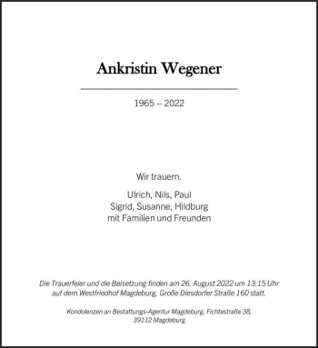 Traueranzeige von Ankristin Wegener  von Magdeburger Volksstimme