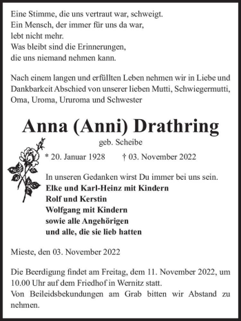 Traueranzeige von Anna (Anni) Drathring (geb. Scheibe)  von Magdeburger Volksstimme