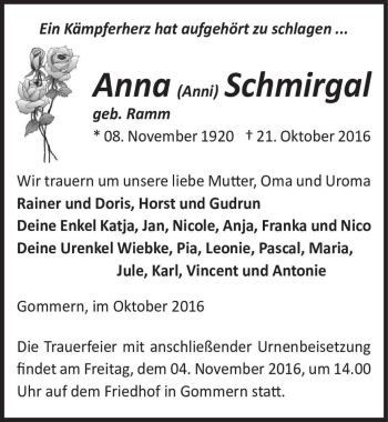 Traueranzeige von Anna (Anni) Schmirgal (geb. Ramm)  von Magdeburger Volksstimme