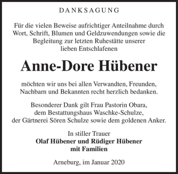 Traueranzeige von Anna-Dore Hübener  von Magdeburger Volksstimme
