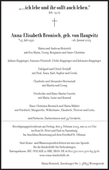 Traueranzeige von Anna-Elisabeth Bronisch (geb. von Haugwitz)  von Magdeburger Volksstimme