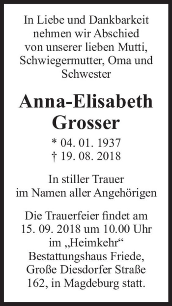 Traueranzeige von Anna-Elisabeth Grosser  von Magdeburger Volksstimme