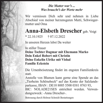 Traueranzeige von Anna-Elsbeth Drescher (geb. Voigt)  von Magdeburger Volksstimme