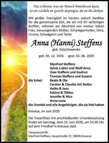 Traueranzeige von Anna (Hanni) Steffens (geb. Kutschewenko)  von Magdeburger Volksstimme