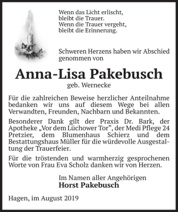 Traueranzeige von Anna-Lisa Pakebusch (geb. Wernecke)  von Magdeburger Volksstimme