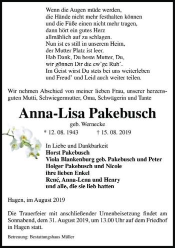 Traueranzeige von Anna-Lisa Pakebusch (geb. Wernecke)  von Magdeburger Volksstimme