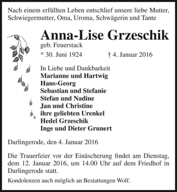 Traueranzeige von Anna-Lise Grzeschik  von Magdeburger Volksstimme