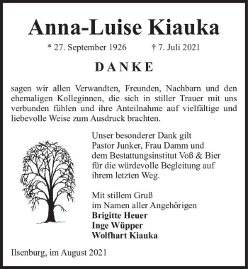 Traueranzeige von Anna-Luise Kiauka  von Magdeburger Volksstimme