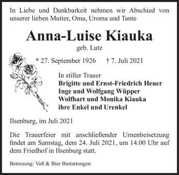Traueranzeige von Anna-Luise Kiauka (geb. Lutz)  von Magdeburger Volksstimme