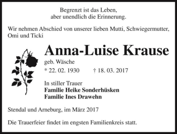 Traueranzeige von Anna-Luise Krause (geb. Wäsche)  von Magdeburger Volksstimme