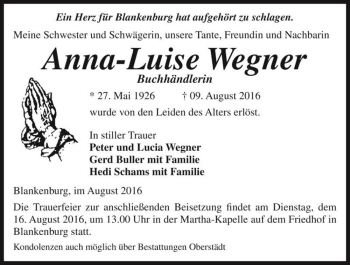 Traueranzeige von Anna-Luise Wegner  von Magdeburger Volksstimme