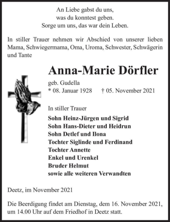 Traueranzeige von Anna-Marie Dörfler (geb. Gudella)  von Magdeburger Volksstimme