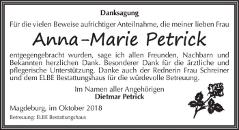 Traueranzeige von Anna-Marie Petrick  von Magdeburger Volksstimme