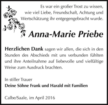 Traueranzeige von Anna-Marie Priebe  von Magdeburger Volksstimme