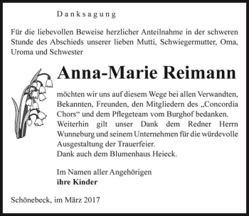 Traueranzeige von Anna-Marie Reimann  von Magdeburger Volksstimme