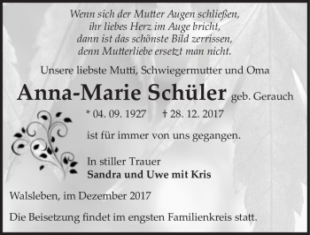 Traueranzeige von Anna-Marie Schüler (geb. Gerauch)  von Magdeburger Volksstimme