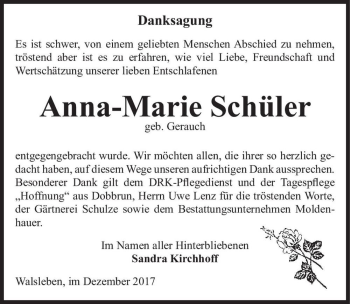 Traueranzeige von Anna-Marie Schüler (geb. Gerauch)  von Magdeburger Volksstimme