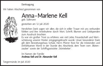 Traueranzeige von Anna-Marlene Kell (geb. Sültmann)  von Magdeburger Volksstimme