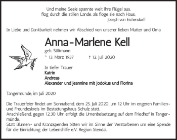 Traueranzeige von Anna-Marlene Kell (geb. Sültmann)  von Magdeburger Volksstimme
