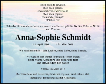 Traueranzeige von Anna-Sophie Schmidt  von Magdeburger Volksstimme