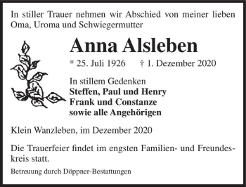 Traueranzeige von Anna Alsleben  von Magdeburger Volksstimme
