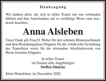 Traueranzeige von Anna Alsleben  von Magdeburger Volksstimme