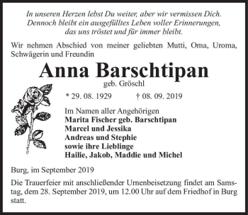 Traueranzeige von Anna Barschtipan (geb. Gröschl)  von Magdeburger Volksstimme