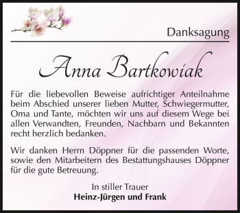 Traueranzeige von Anna Bartkowiak  von Magdeburger Volksstimme