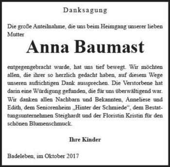 Traueranzeige von Anna Baumast  von Magdeburger Volksstimme