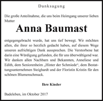 Traueranzeige von Anna Baumast  von Magdeburger Volksstimme
