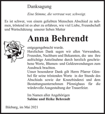 Traueranzeige von Anna Behrendt  von Magdeburger Volksstimme