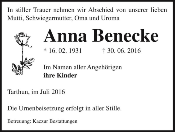 Traueranzeige von Anna Benecke  von Magdeburger Volksstimme