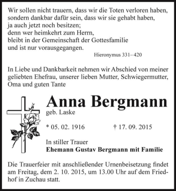 Traueranzeige von Anna Bergmann (geb. Laske)  von Magdeburger Volksstimme