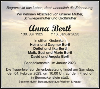 Traueranzeige von Anna Bertl  von Magdeburger Volksstimme