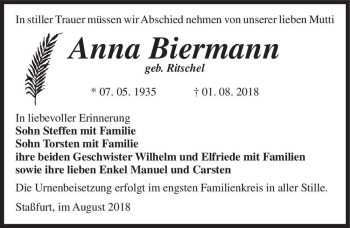 Traueranzeige von Anna Biermann (geb. Ritschel)  von Magdeburger Volksstimme