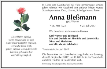 Traueranzeige von Anna Bleßmann (geb. Werner)  von Magdeburger Volksstimme