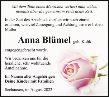 Traueranzeige von Anna Blümel (geb. Kulik)  von Magdeburger Volksstimme
