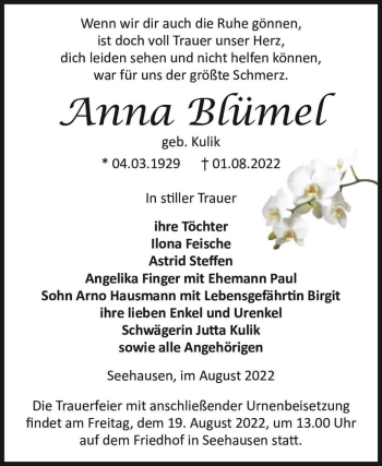 Traueranzeige von Anna Blümel (geb. Kulik)  von Magdeburger Volksstimme