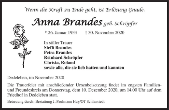 Traueranzeige von Anna Brandes (geb. Schröpfer)  von Magdeburger Volksstimme